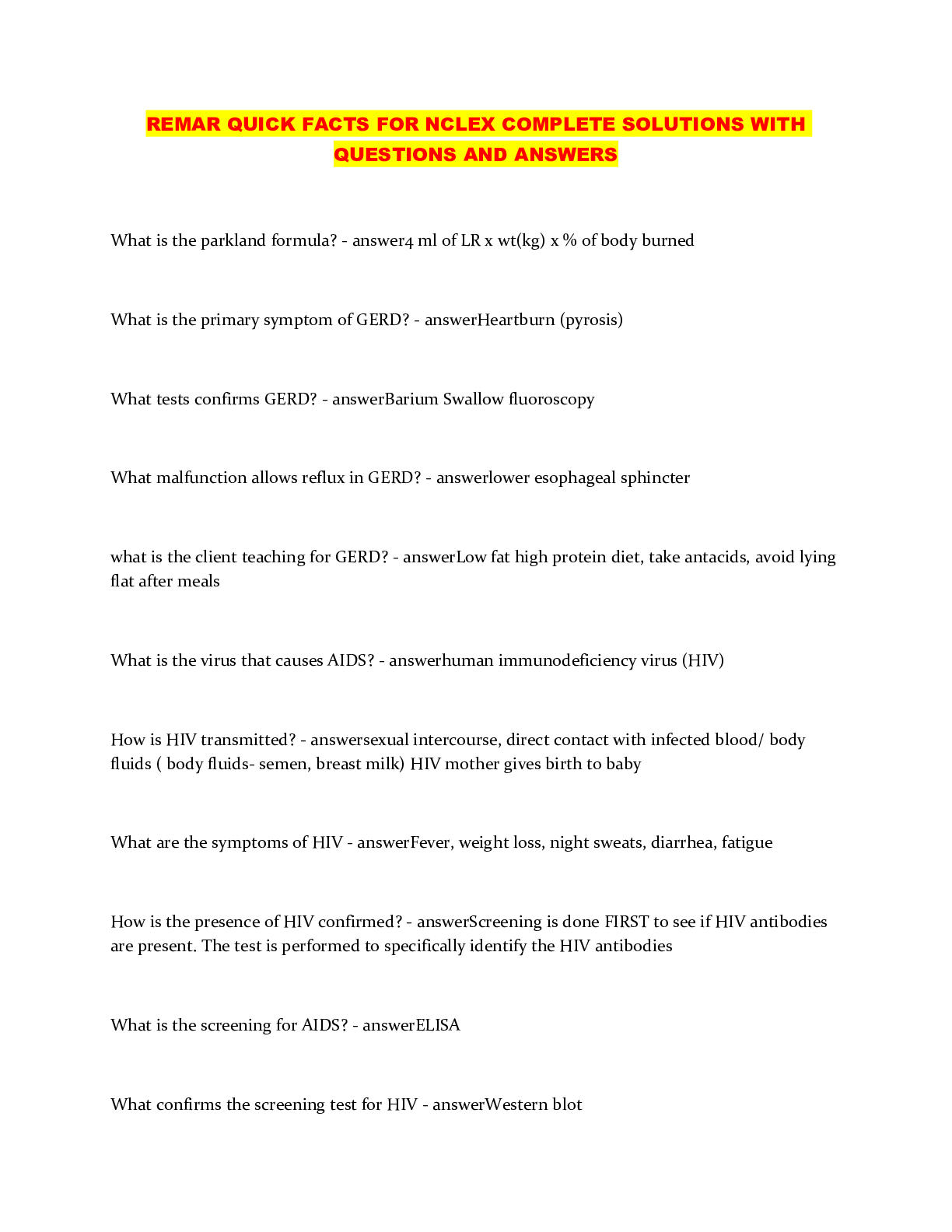 Preview of REMAR QUICK FACTS FOR NCLEX COMPLETE SOLUTIONS WITH QUESTIONS AND ANSWERS